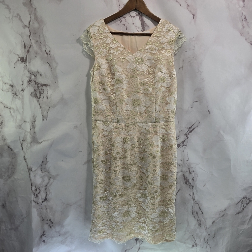 Eshakti Dress Womens Small Midi Lace Gold Cream Sheath Sleeveless Bodycon